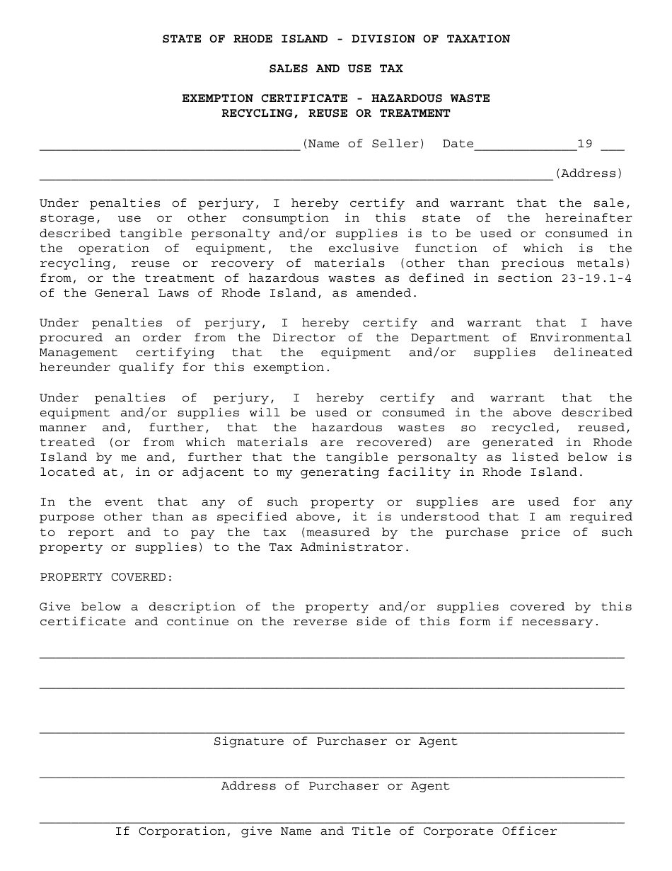 Exemption Certificate Form - Hazardous Waste Recycling, Reuse or Treatment - Rhode Island, Page 1
