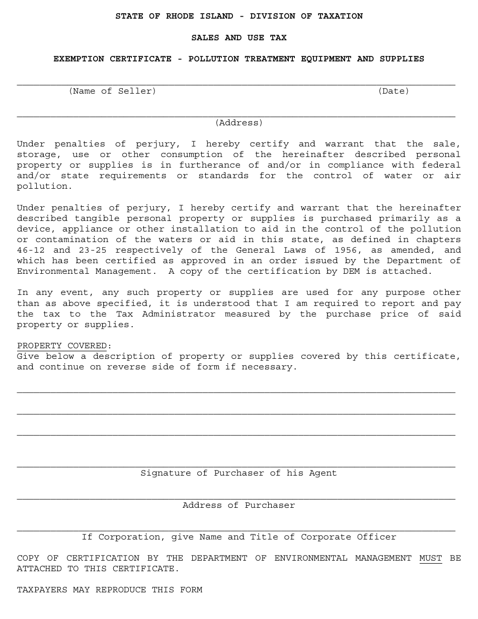Exemption Certificate Form - Pollution Treatment Equipment and Supplies - Rhode Island, Page 1