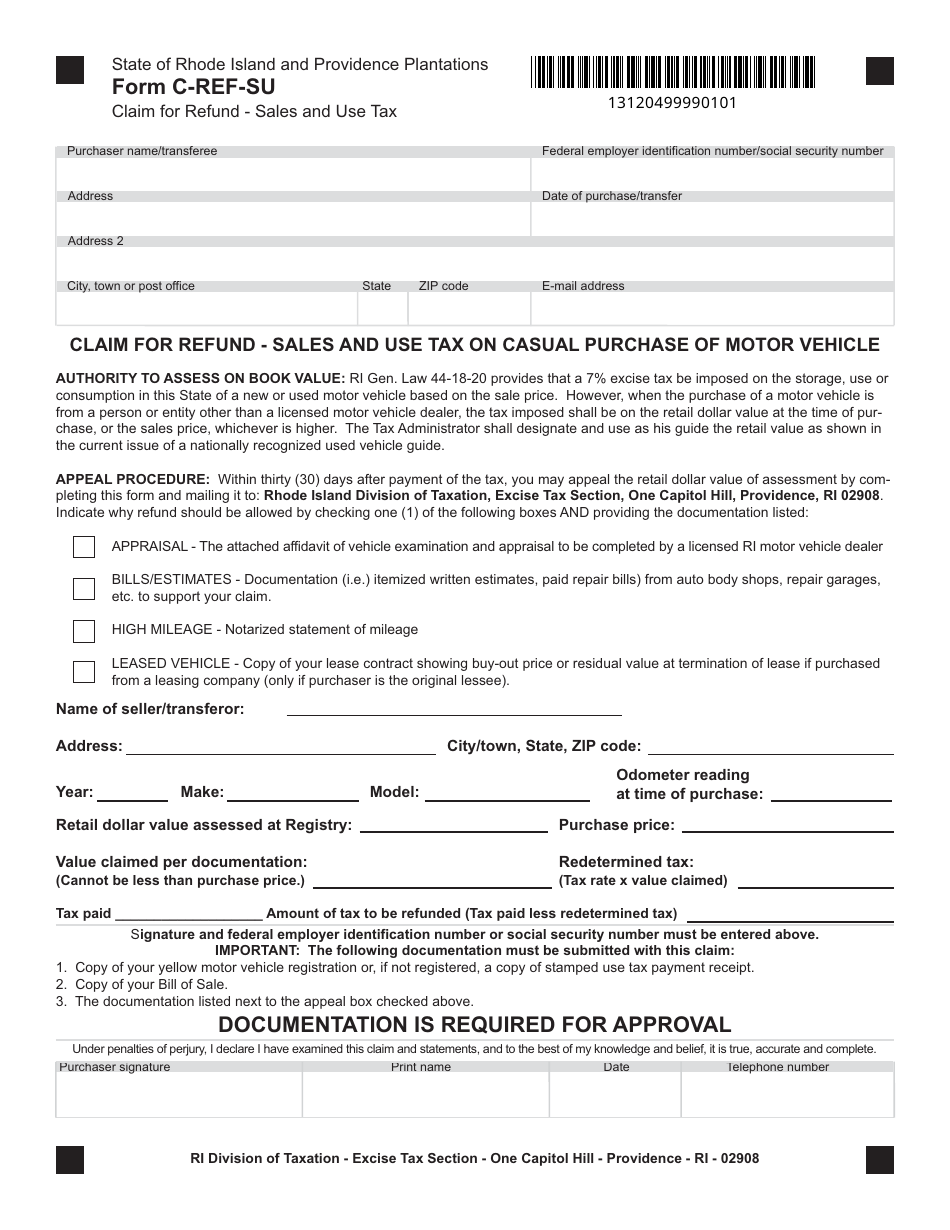 Form C-REF-SU Claim for Refund - Sales and Use Tax on Casual Purchase of Motor Vehicle - Rhode Island, Page 1