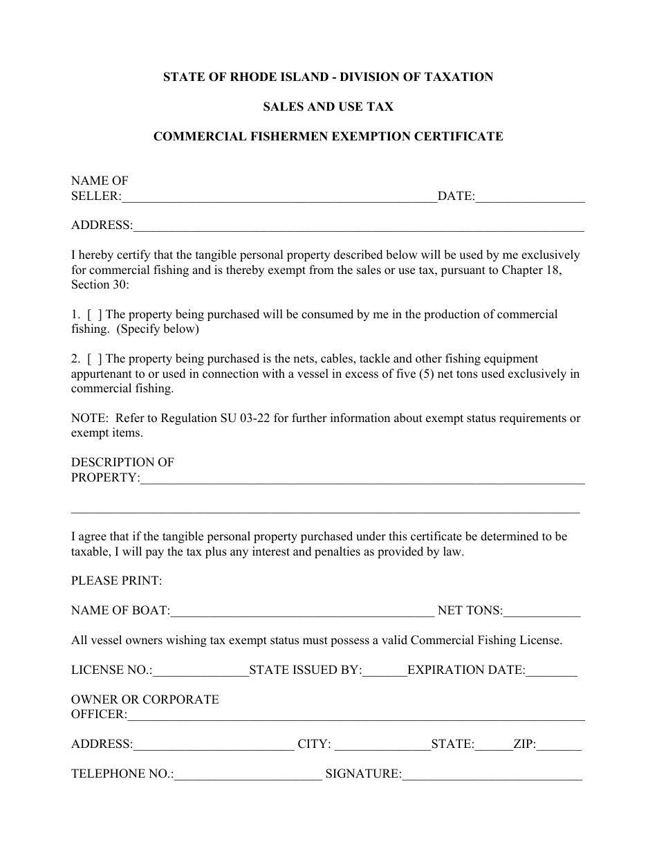 Commercial Fishermen Exemption Certificate - Rhode Island, Page 1