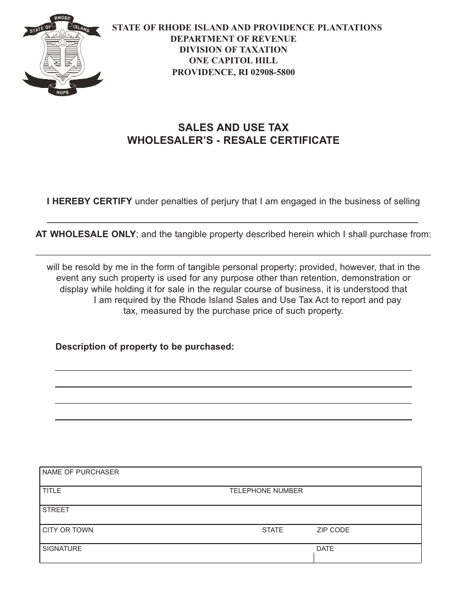 Resale Certificate - Wholesaler - Rhode Island, Page 1