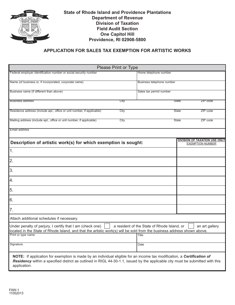 Form FAW-1 - Fill Out, Sign Online and Download Printable PDF, Rhode ...