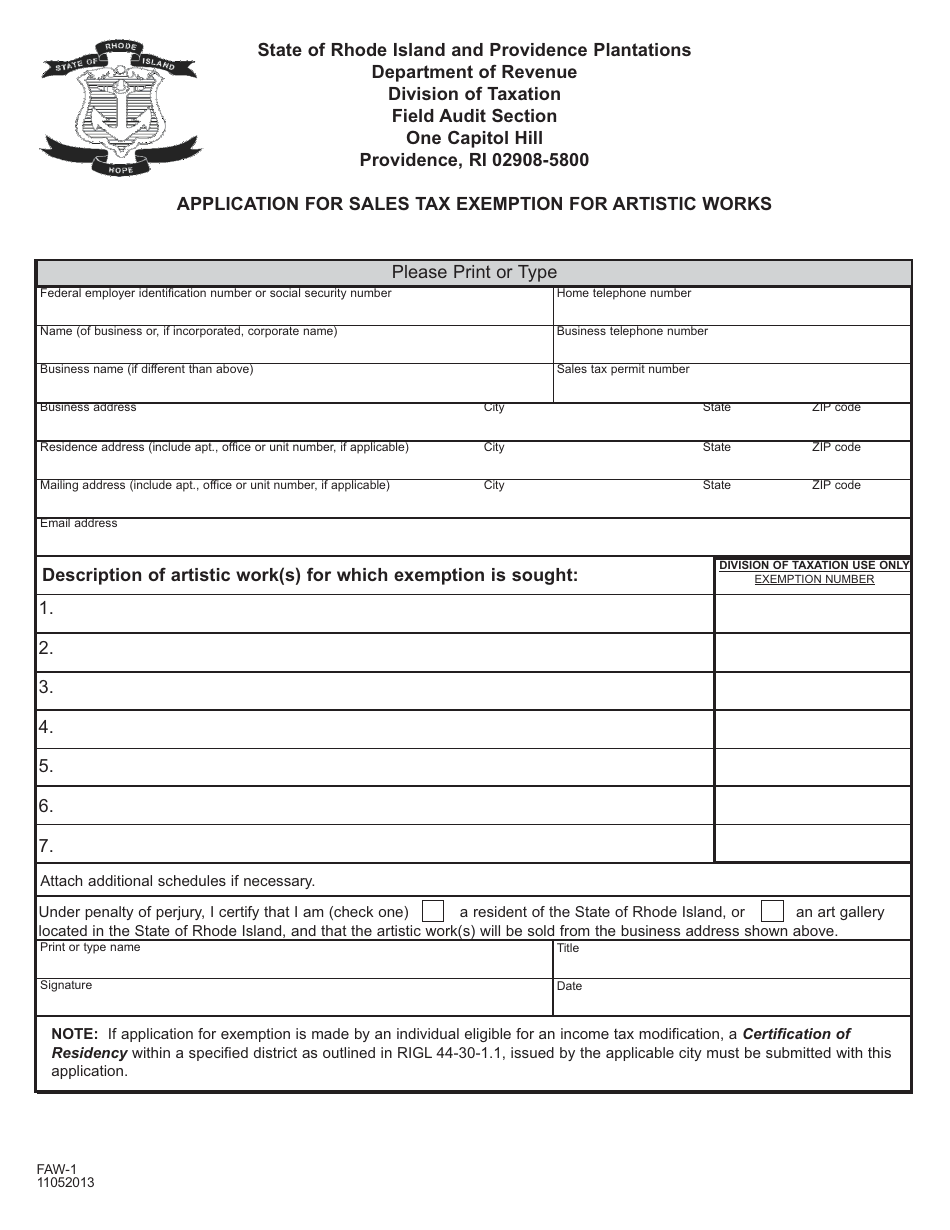 Form FAW-1 Application for Sales Tax Exemption for Artistic Works - Rhode Island, Page 1