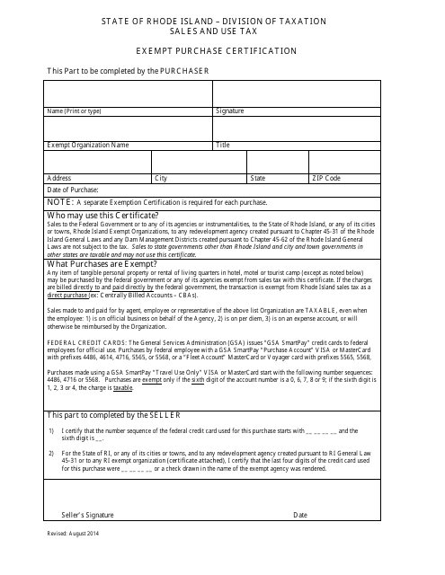 Exempt Purchase Certification Form - Rhode Island Download Pdf