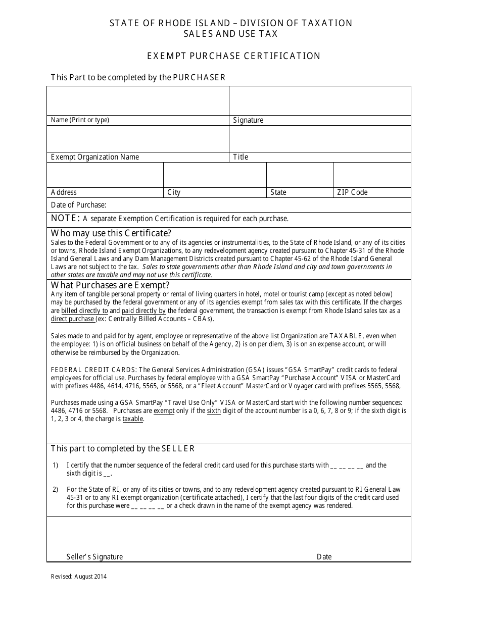Exempt Purchase Certification Form - Rhode Island, Page 1