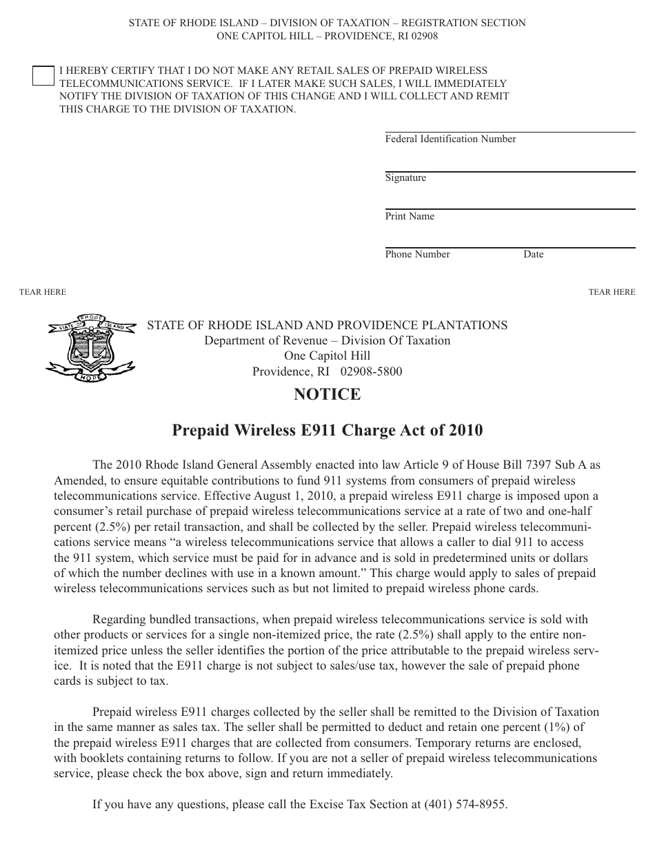Opt-Out Form - Prepaid Wireless Telecommunications Charge - Rhode Island, Page 1
