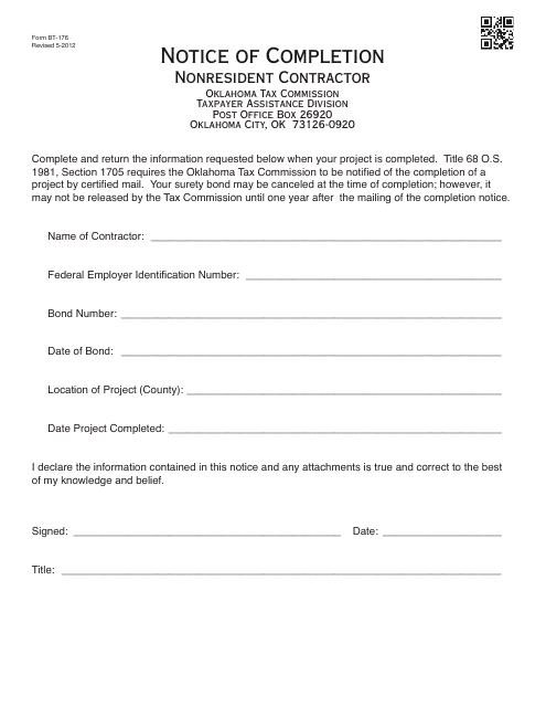 OTC Form BT-176 Notice of Completion - Nonresident Contractor - Oklahoma