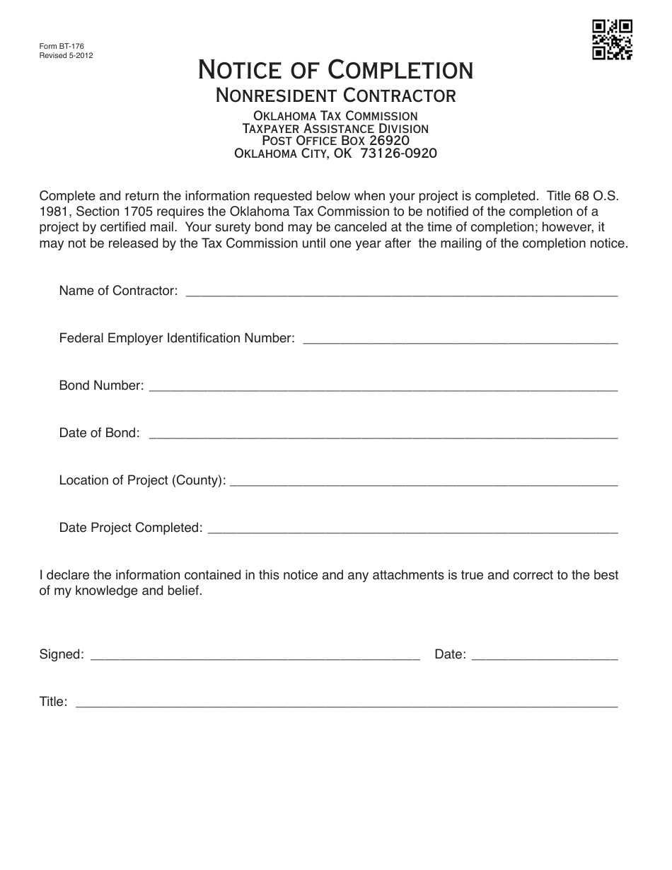 OTC Form BT-176 Notice of Completion - Nonresident Contractor - Oklahoma, Page 1