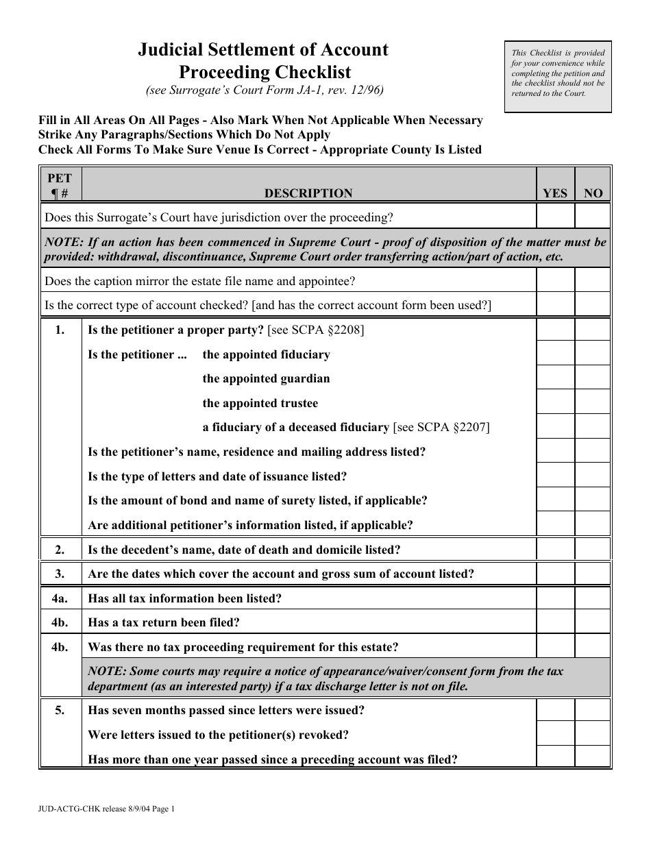 Form JUD-ACTG-CHK Judicial Settlement of Account Proceeding Checklist - New York, Page 1