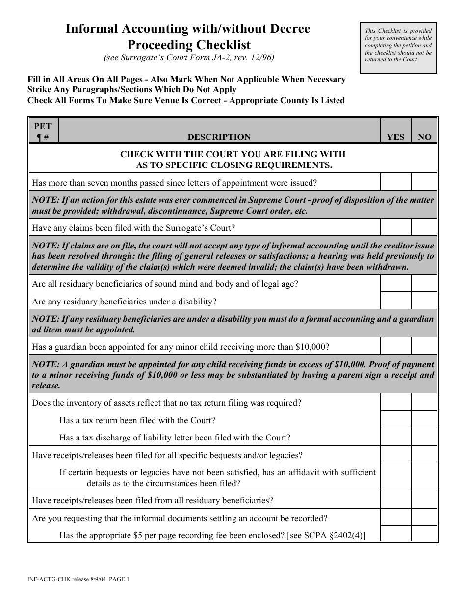 Form INF-ACTG-CHK Informal Accounting With / Without Decree Proceeding Checklist - New York, Page 1