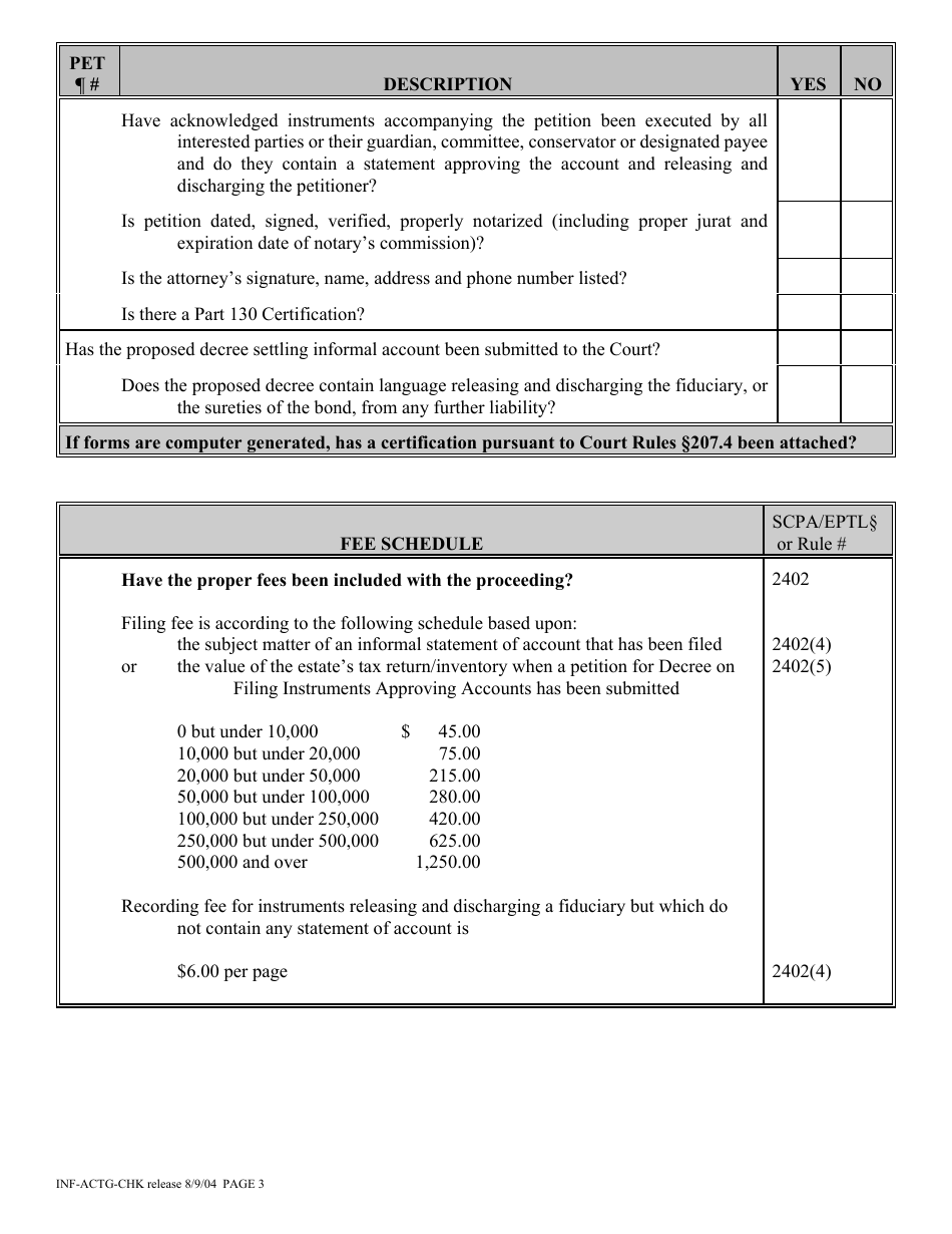 Form INF-ACTG-CHK Informal Accounting With / Without Decree Proceeding Checklist - New York, Page 3