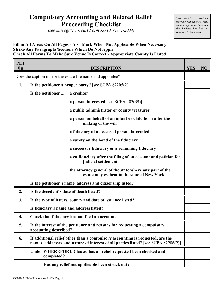Form COMP-ACTG-CHK Compulsory Accounting and Related Relief Proceeding Checklist - New York, Page 1