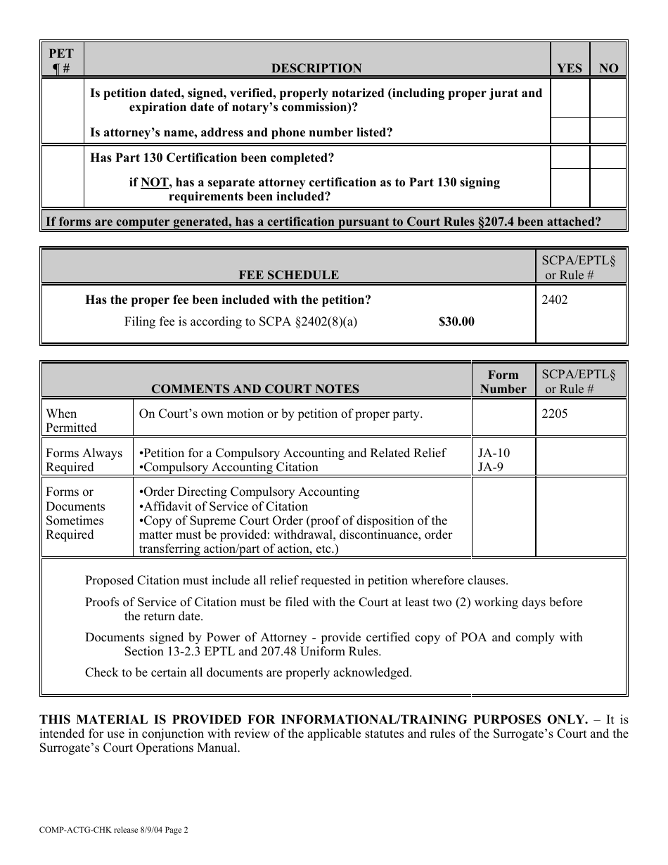 Form COMP-ACTG-CHK Compulsory Accounting and Related Relief Proceeding Checklist - New York, Page 2