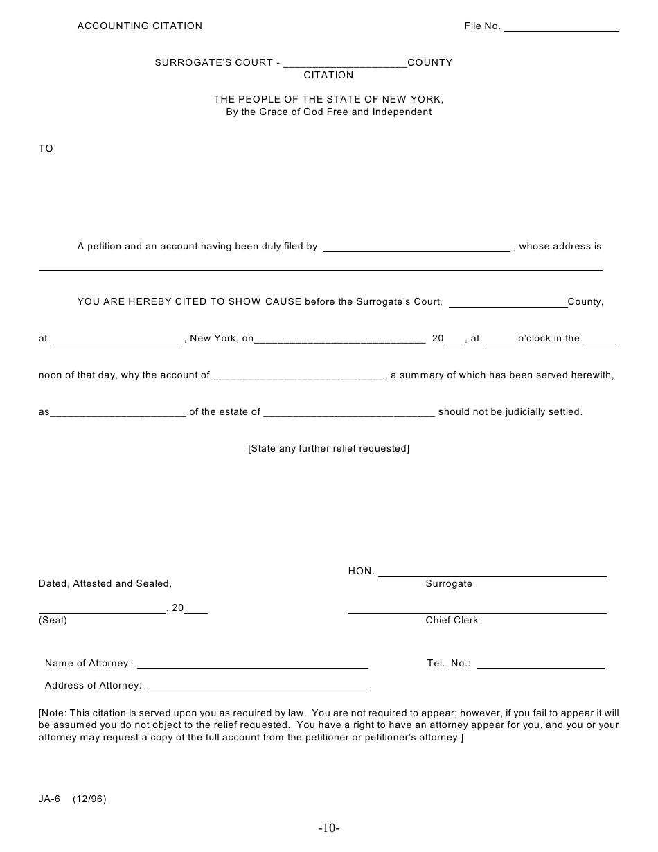 Form JA-1 Petition for Judicial Settlement of Account - New York, Page 10