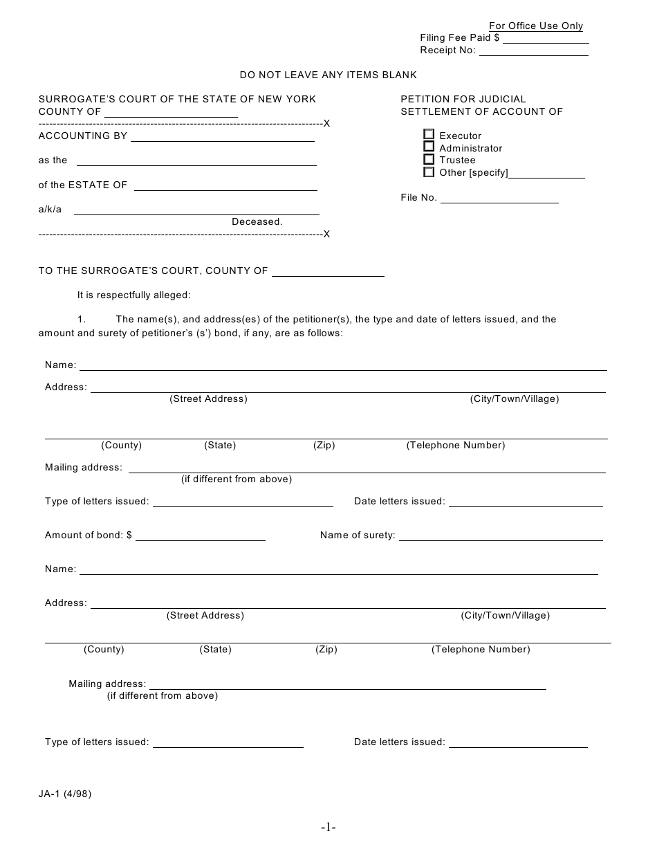 Form JA-1 Petition for Judicial Settlement of Account - New York, Page 1