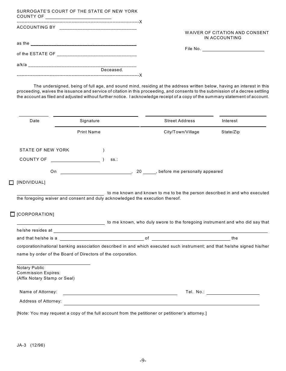 Form JA-1 Petition for Judicial Settlement of Account - New York, Page 9