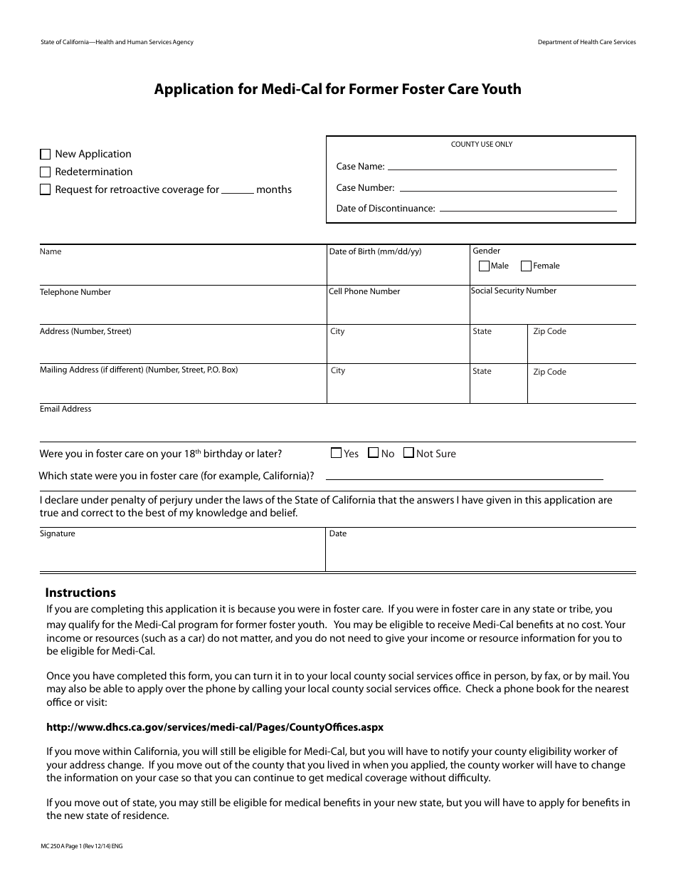 Form MC250A Application for Medi-Cal for Former Foster Care Youth - California, Page 1