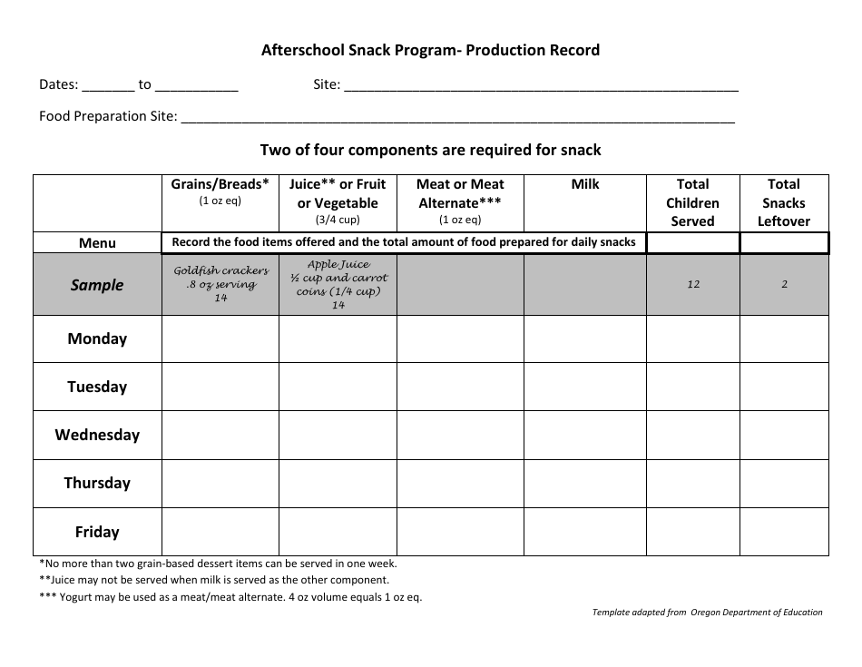 Production Record Form - Afterschool Snack Program - Oregon, Page 1