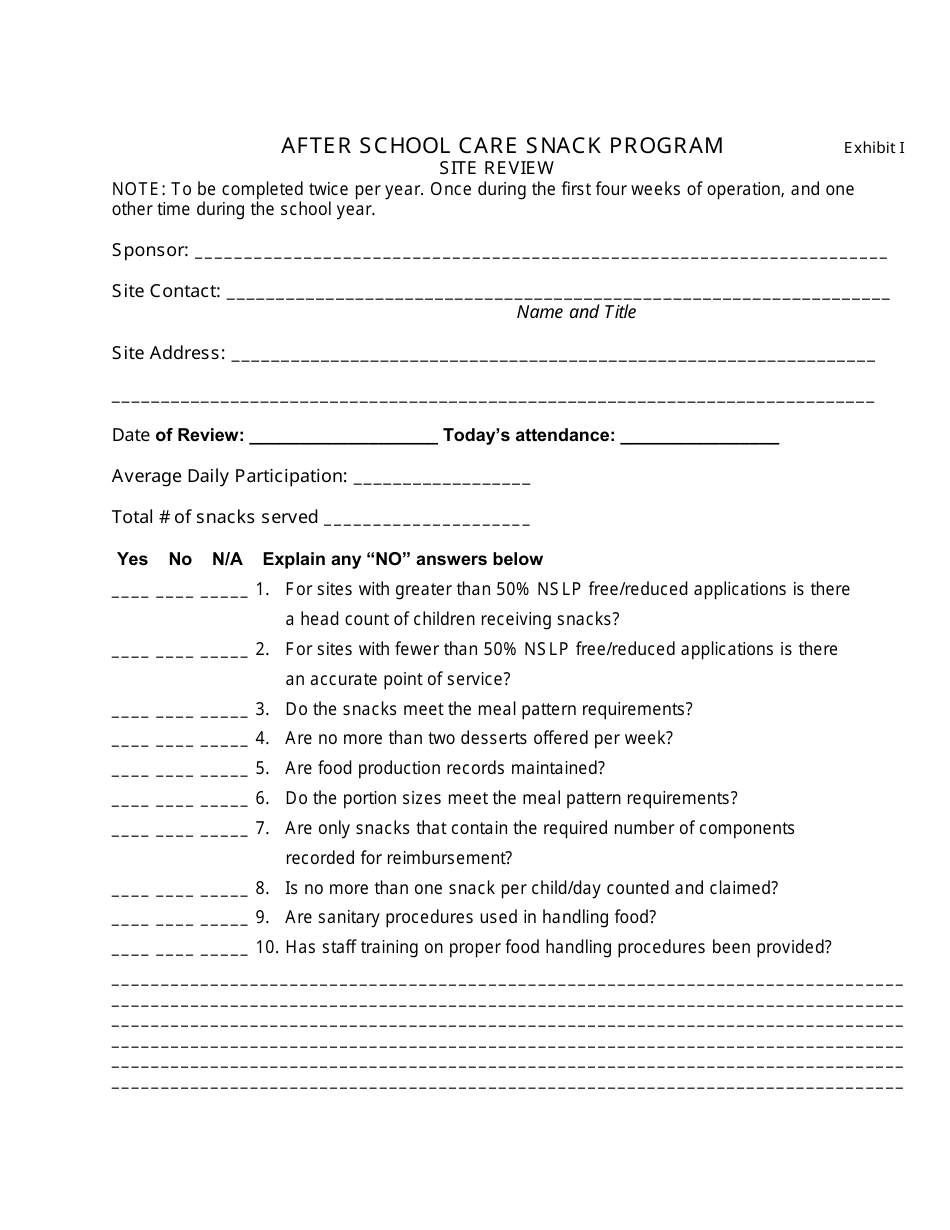 Exhibit I Site Review Form - After School Care Snack Program - Arizona, Page 1