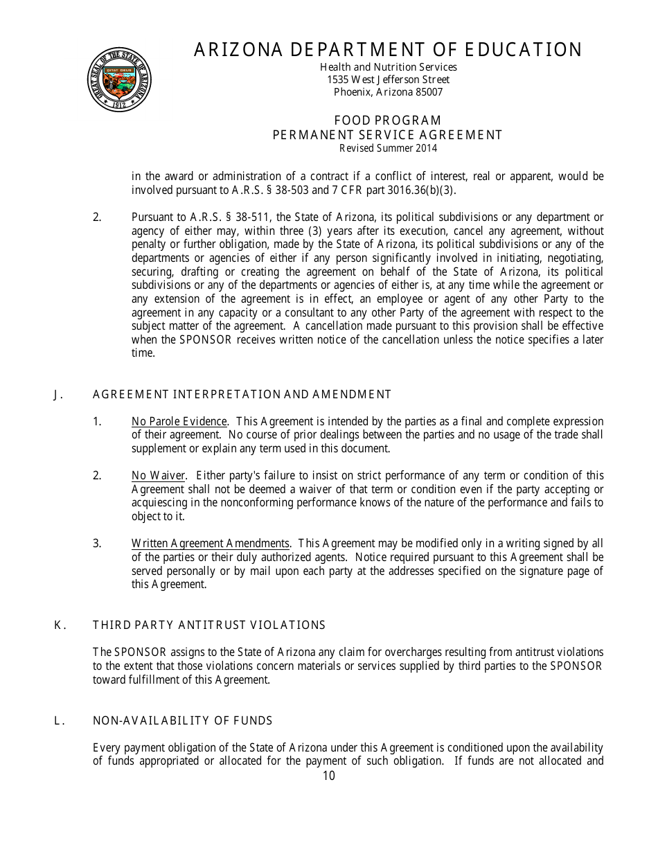 Food Program Permanent Service Agreement Form - Arizona, Page 10