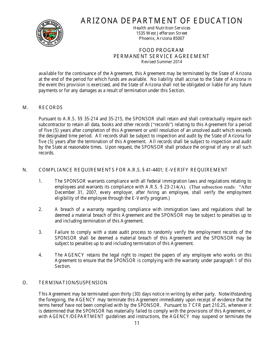 Food Program Permanent Service Agreement Form - Arizona, Page 11