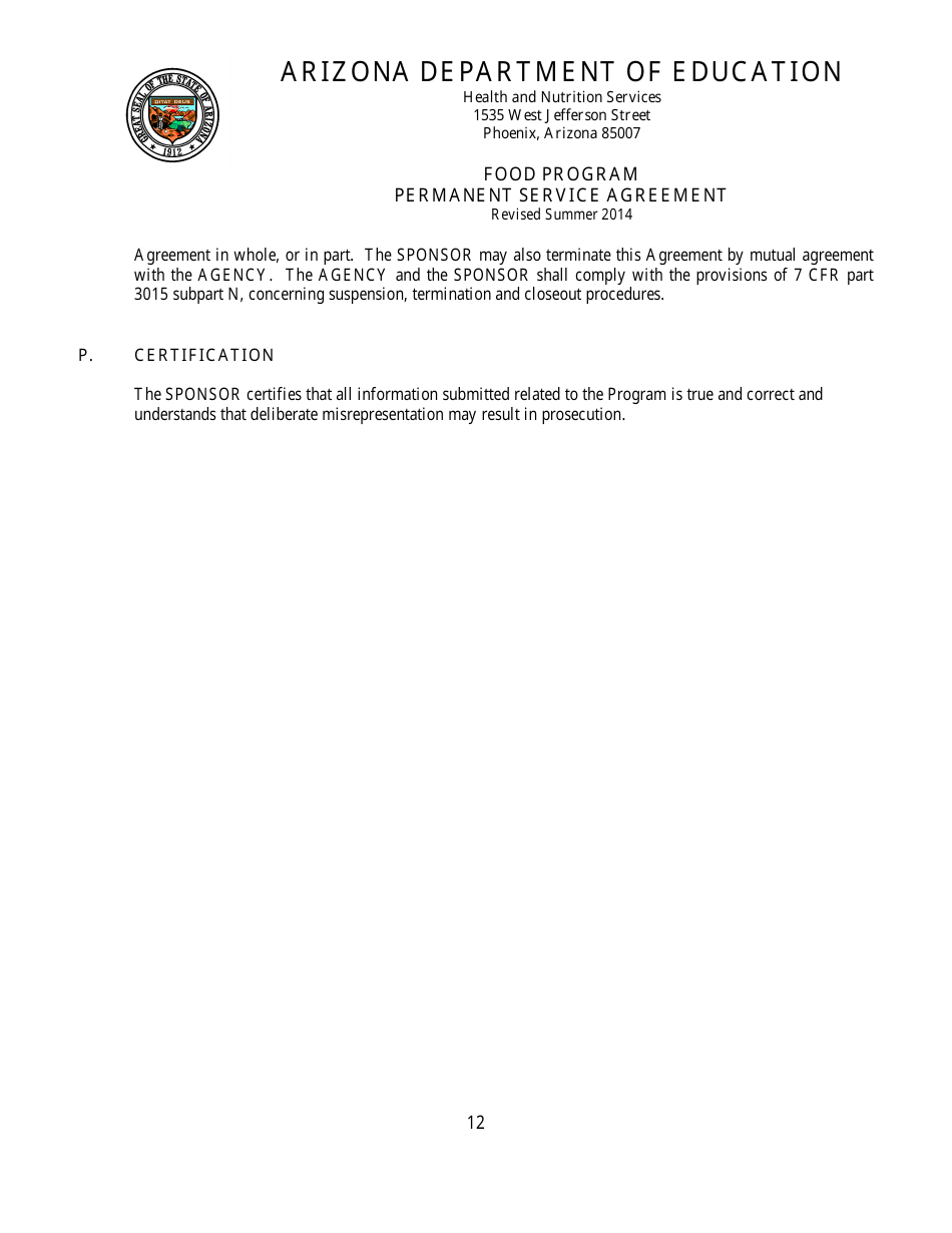 Food Program Permanent Service Agreement Form - Arizona, Page 12