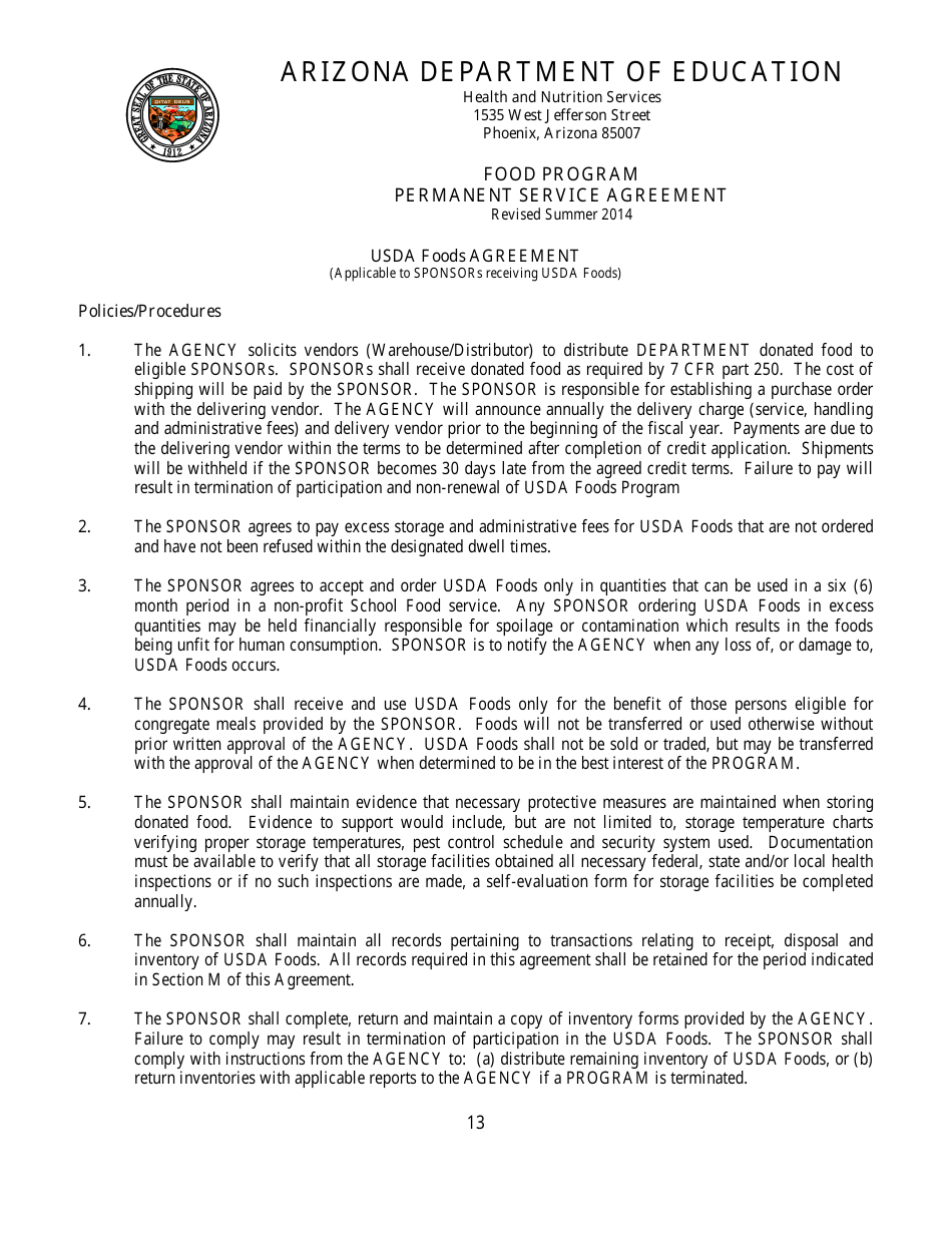 Food Program Permanent Service Agreement Form - Arizona, Page 13