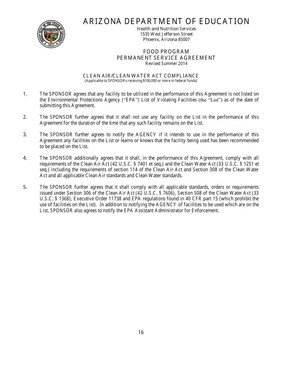 Food Program Permanent Service Agreement Form - Arizona, Page 16