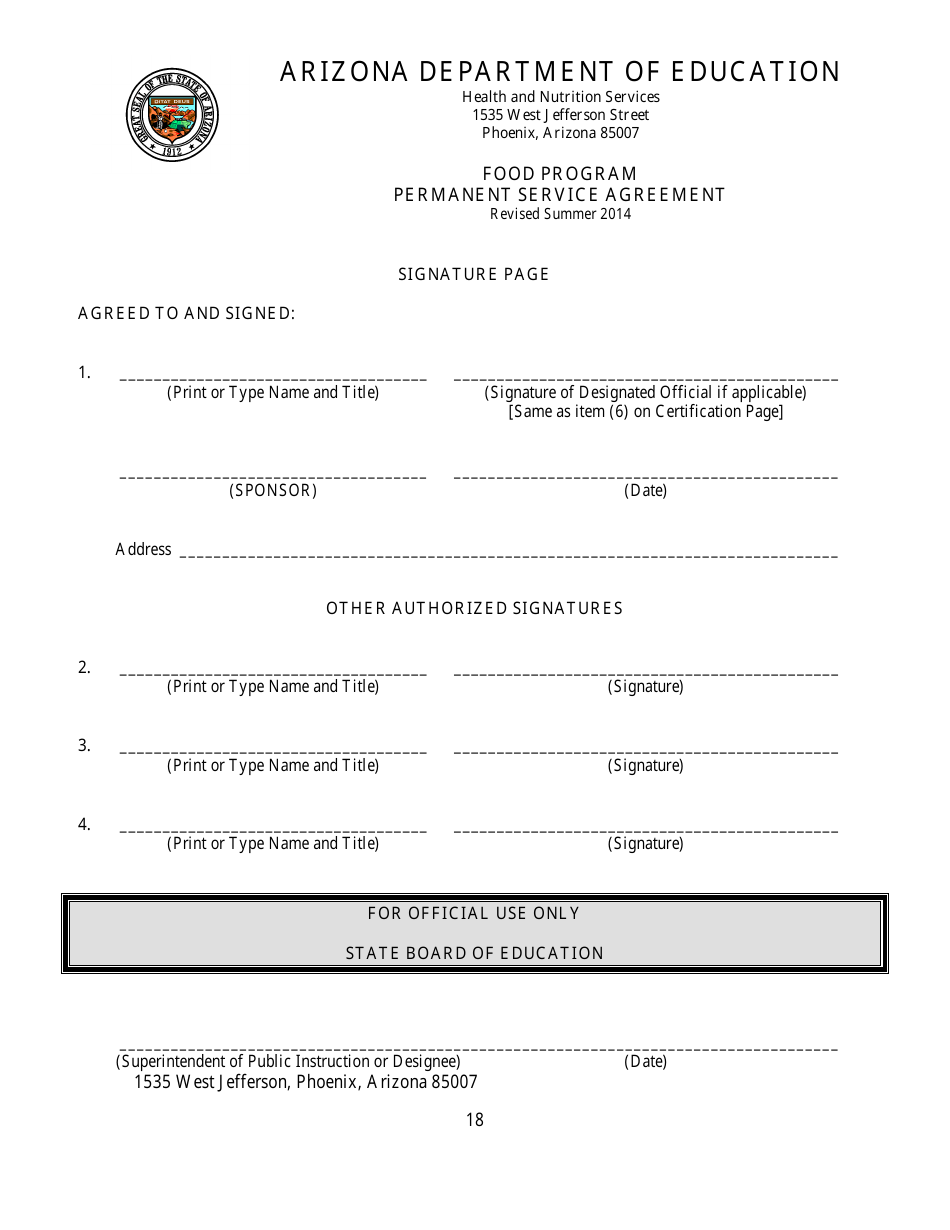 Food Program Permanent Service Agreement Form - Arizona, Page 18