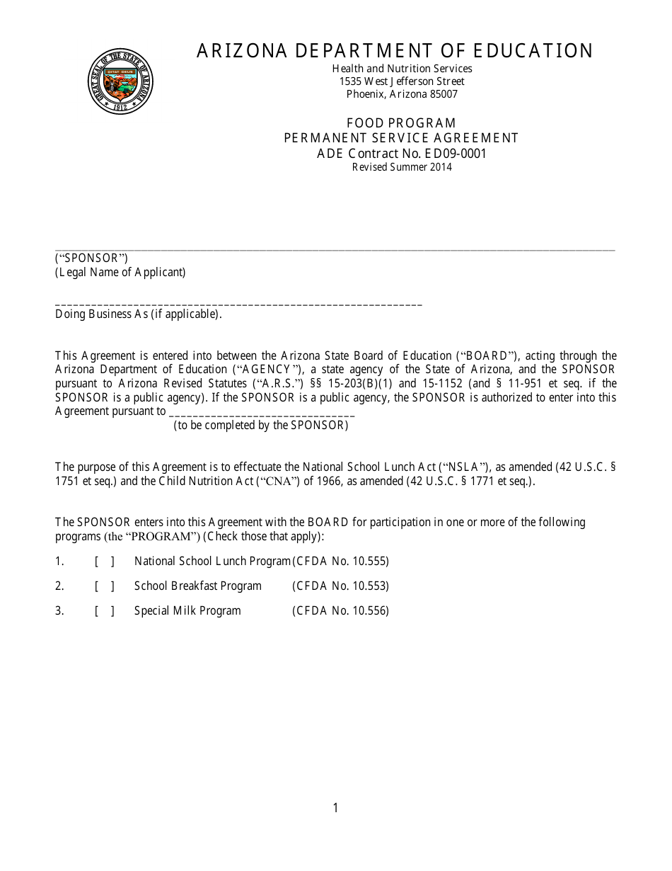 Food Program Permanent Service Agreement Form - Arizona, Page 1