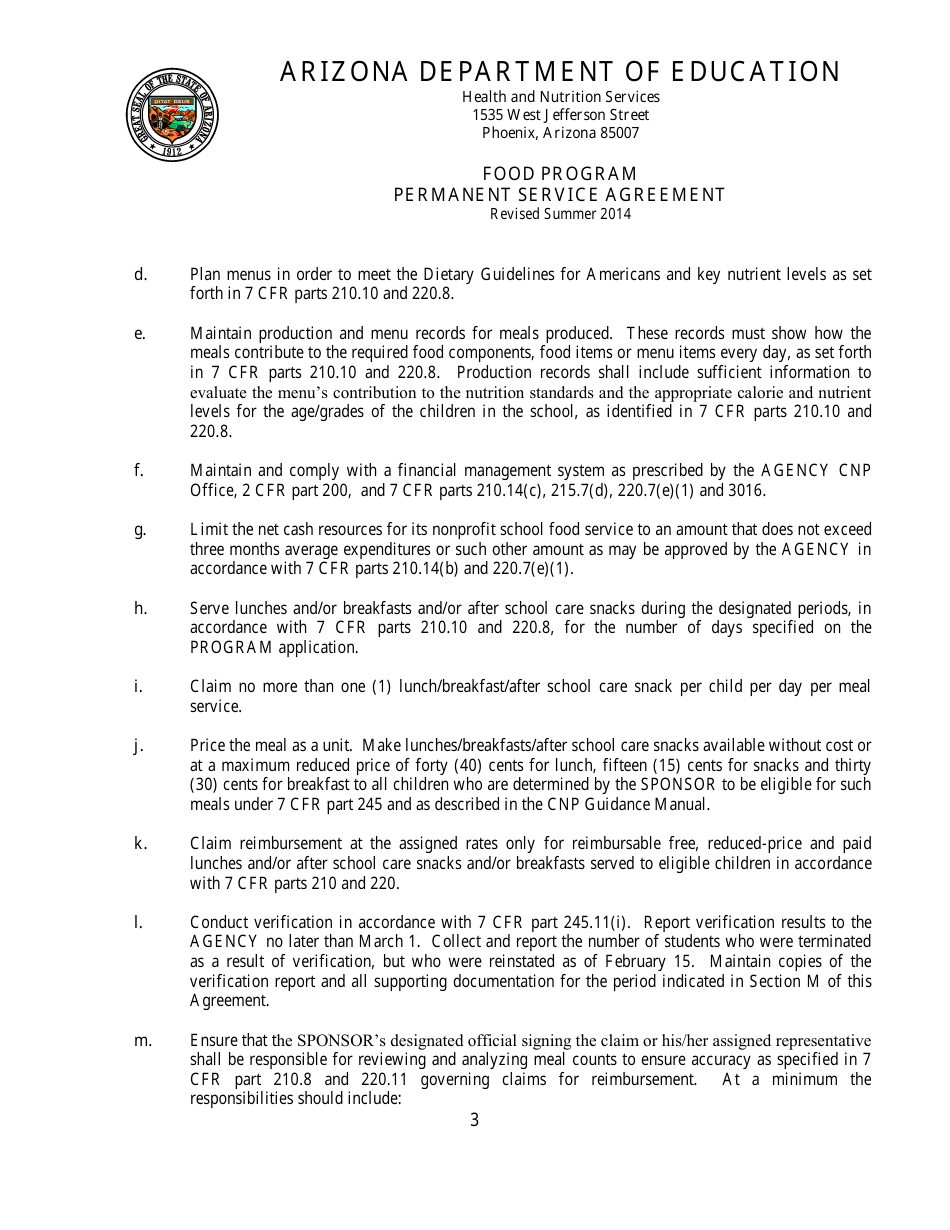 Food Program Permanent Service Agreement Form - Arizona, Page 3