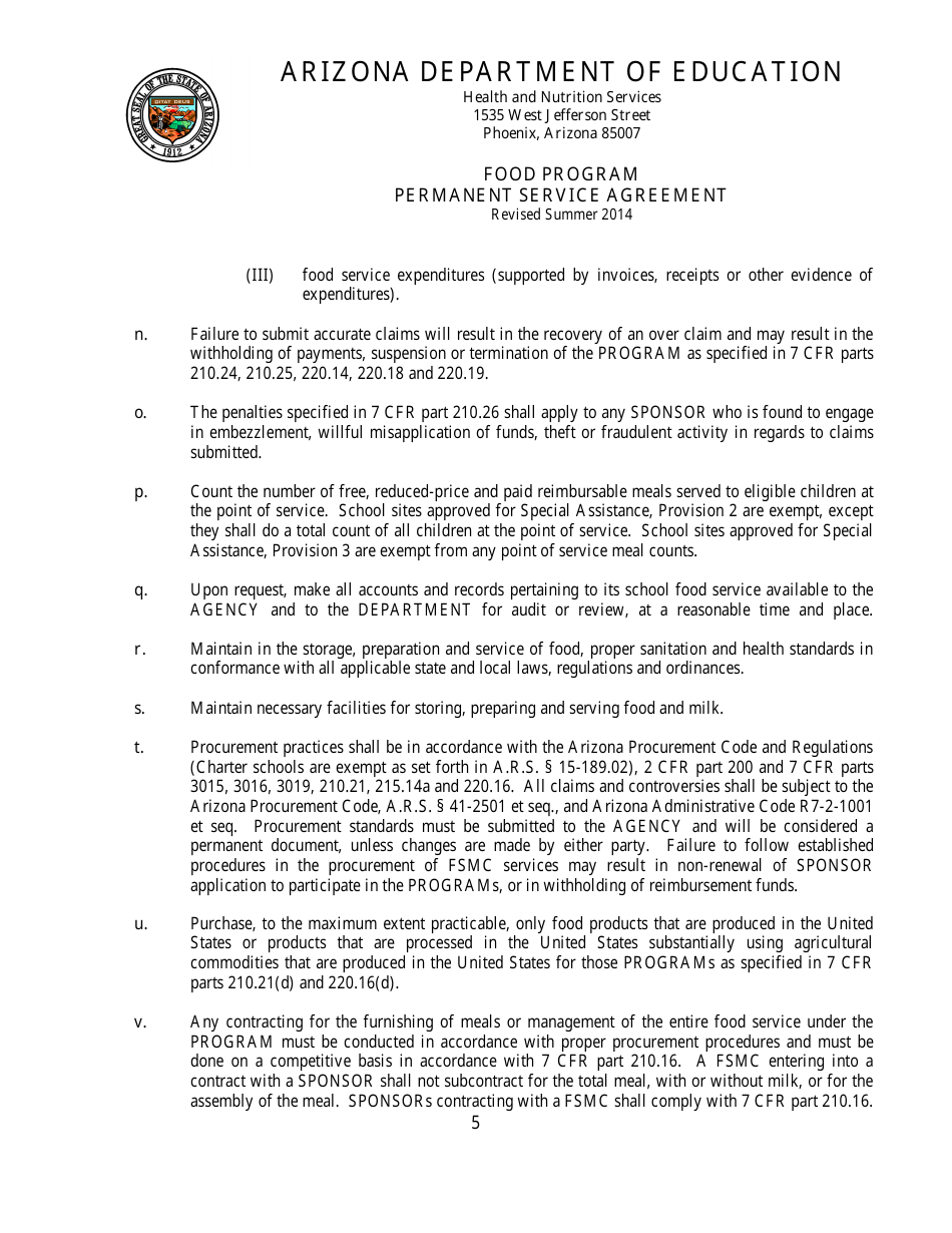 Food Program Permanent Service Agreement Form - Arizona, Page 5