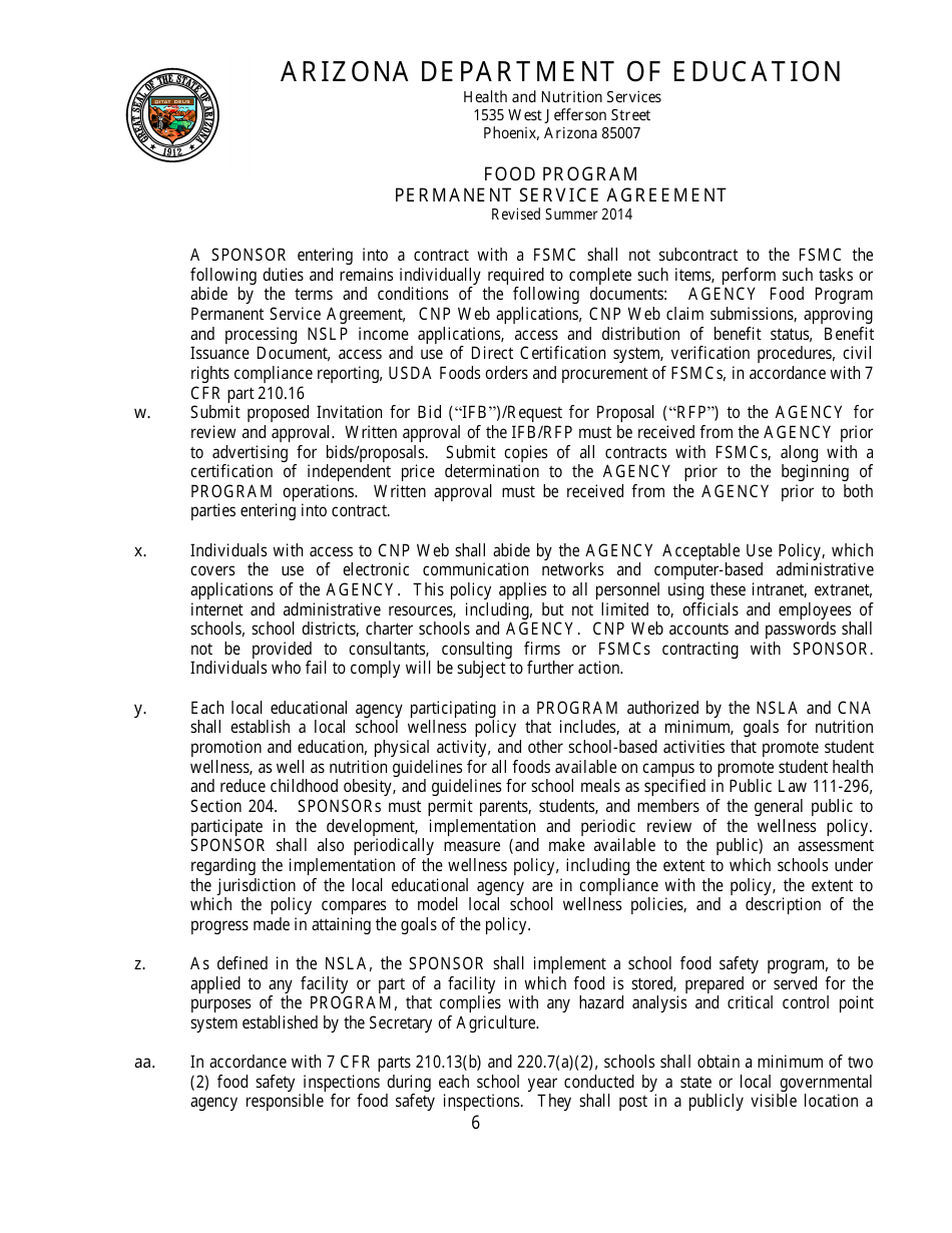 Food Program Permanent Service Agreement Form - Arizona, Page 6