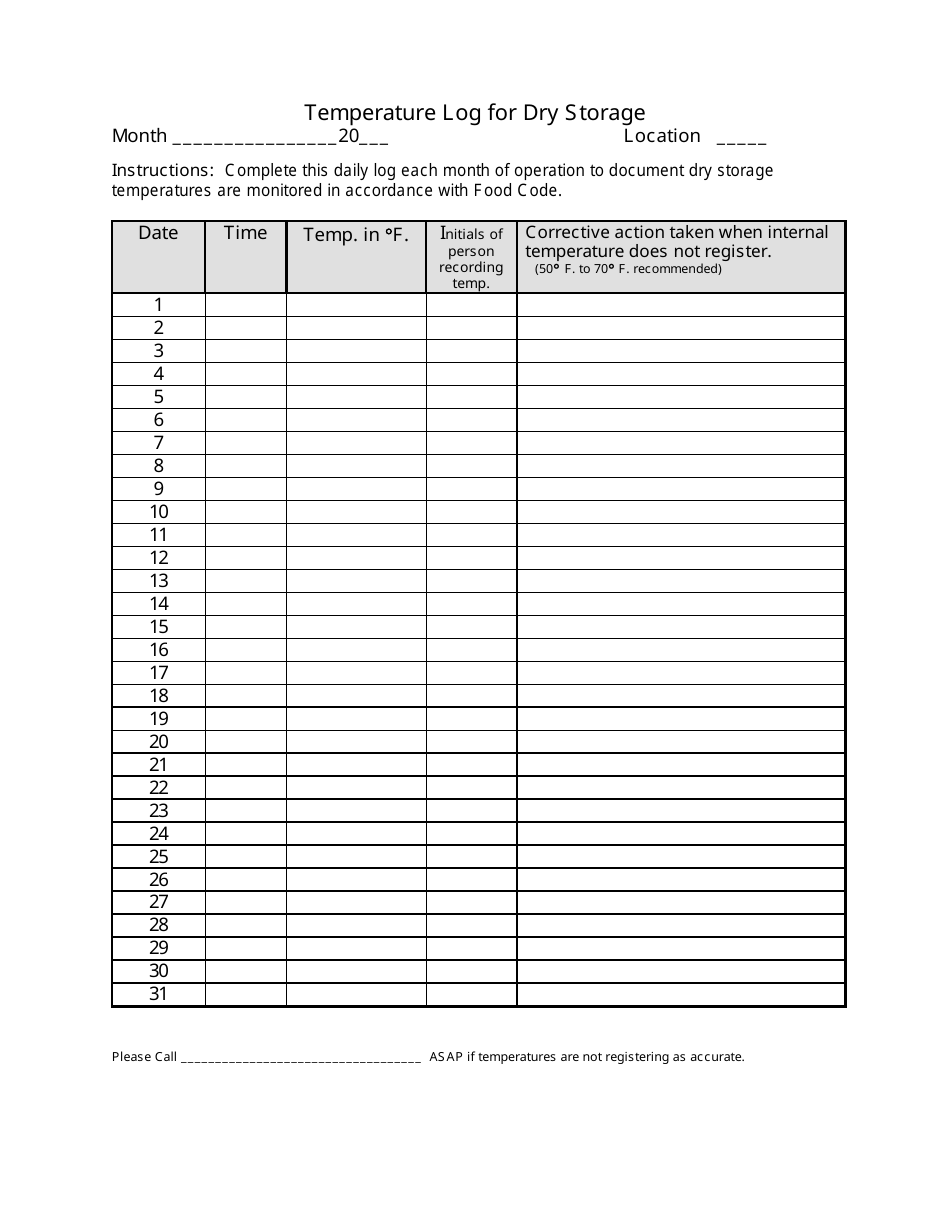 Dry Storage Temperature Log Sheet Template Download Printable PDF