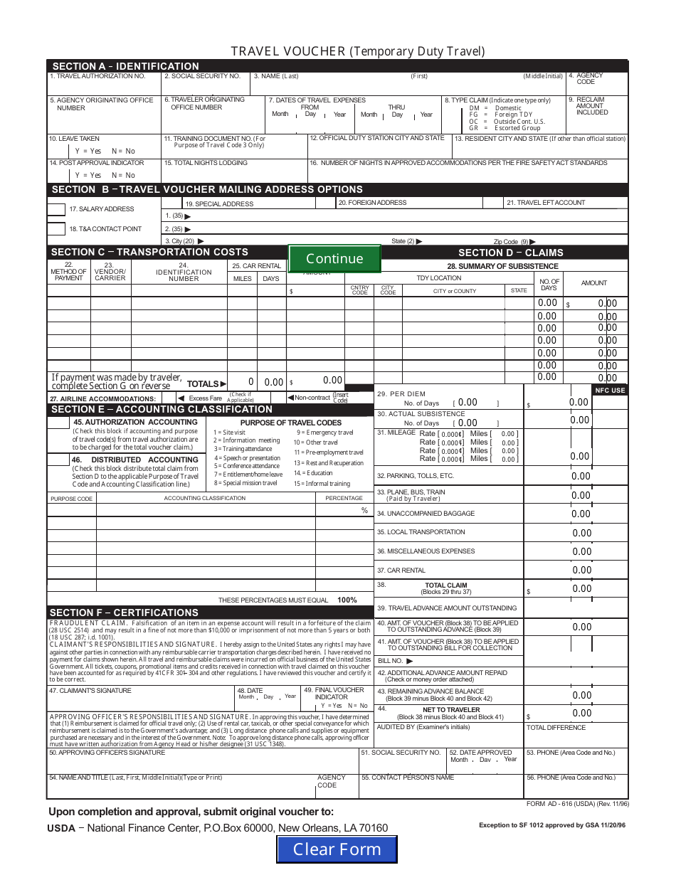 Form AD-616 Travel Voucher (Temporary Duty Travel), Page 1