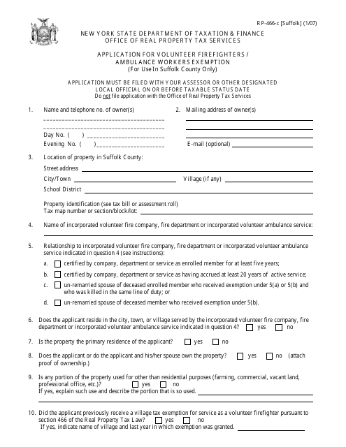 Form RP-466-C [SUFFOLK] Application for Volunteer Firefighters / Ambulance Workers Exemption(For Use in Suffolk County Only) - New York