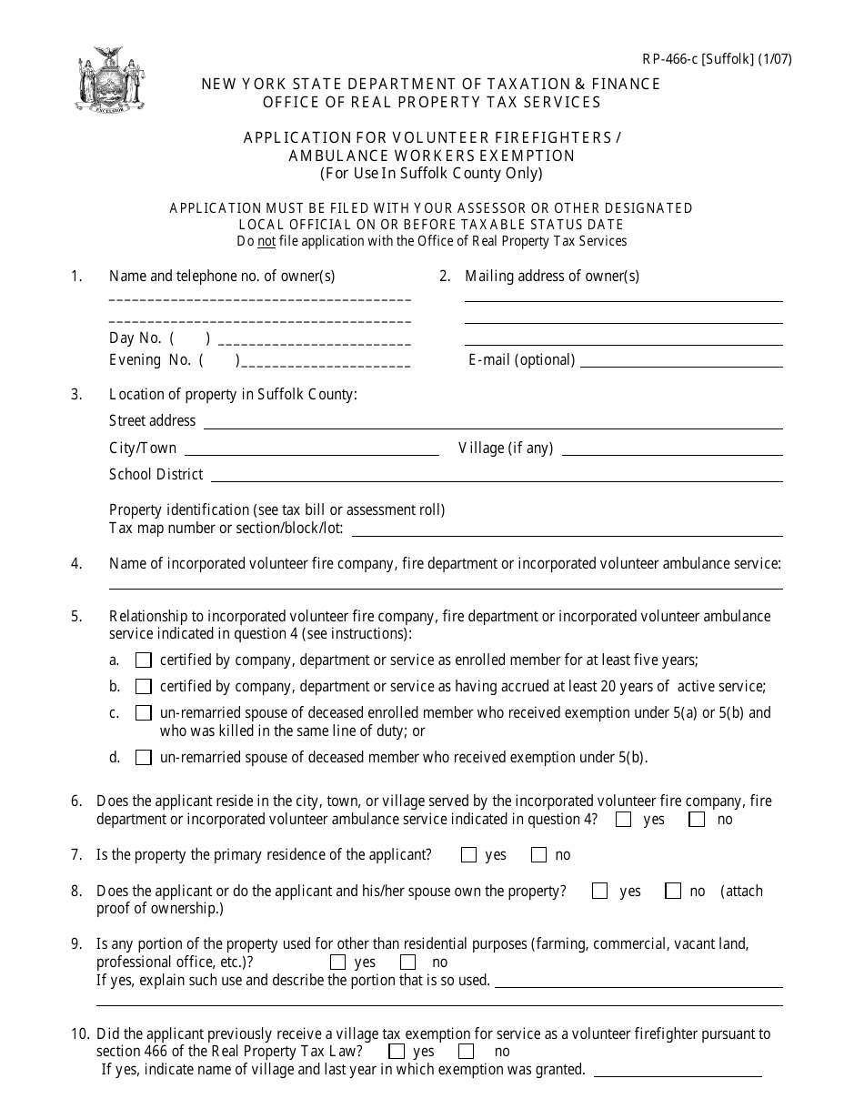 Form RP-466-C [SUFFOLK] Application for Volunteer Firefighters / Ambulance Workers Exemption(For Use in Suffolk County Only) - New York, Page 1