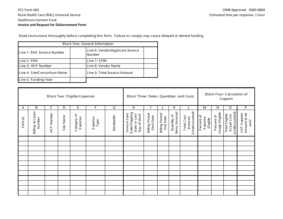 FCC Form 463 Invoice and Request for Disbursement Form, Page 1