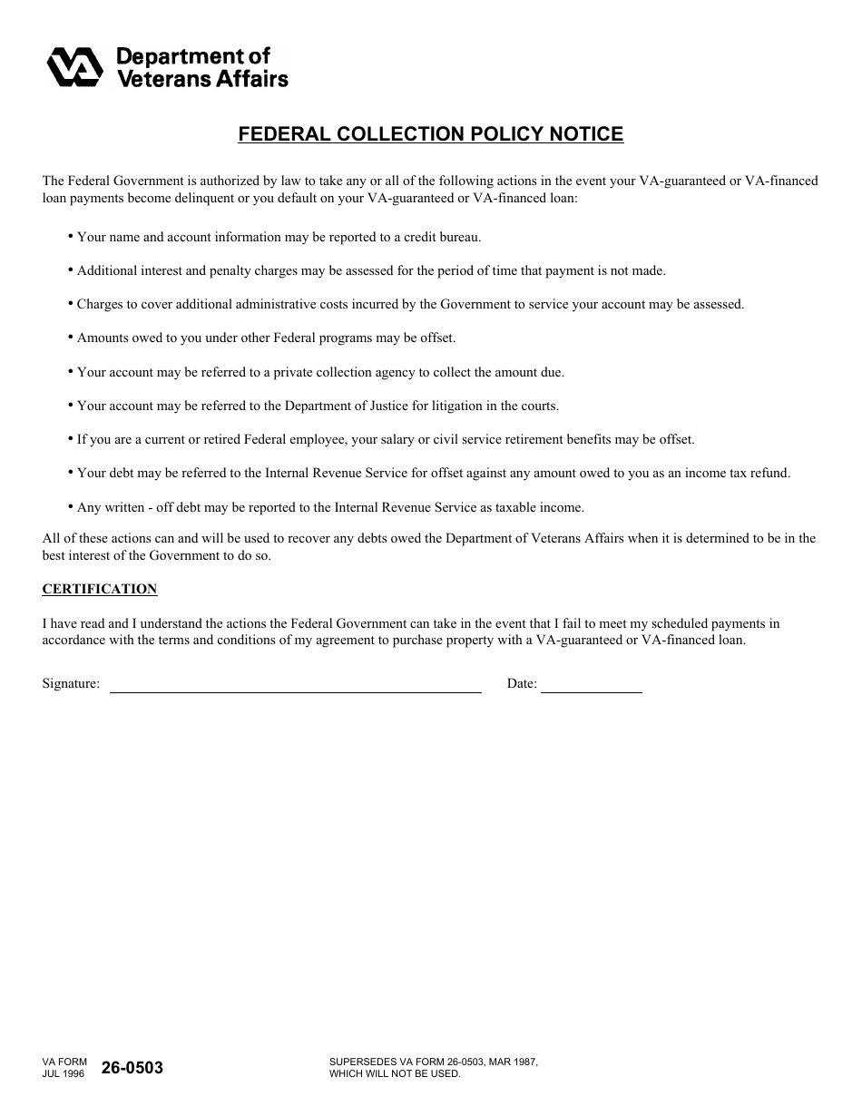 VA Form 26-0503 Federal Collection Policy Notice, Page 1