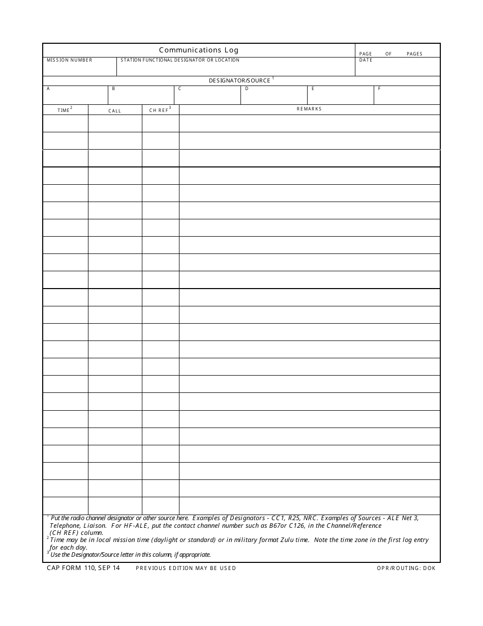 CAP Form 110 Communications Log, Page 1