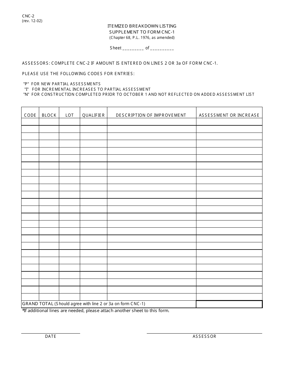 Form CNC-2 Itemized Breakdown Listing Supplement to Form Cnc-1 - New Jersey, Page 1