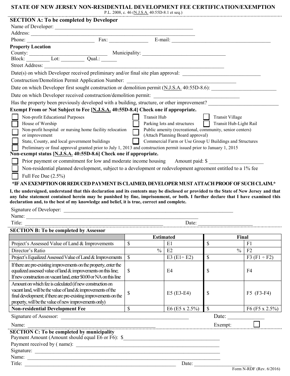 Form N-RDF Non-residential Development Fee Certification / Exemption - New Jersey, Page 1