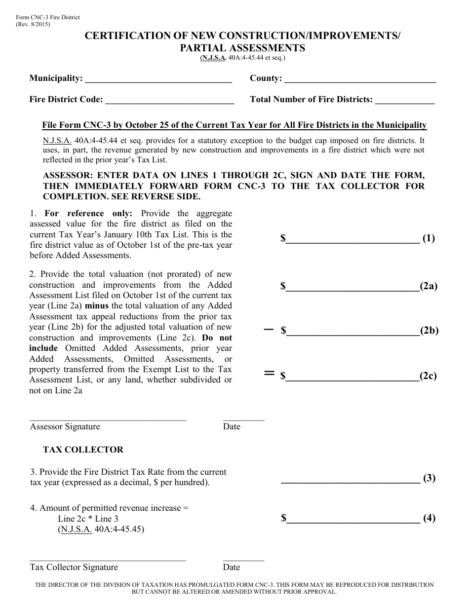 Form CNC-3 Certification of New Construction / Improvements / Partial Assessments - New Jersey, Page 1