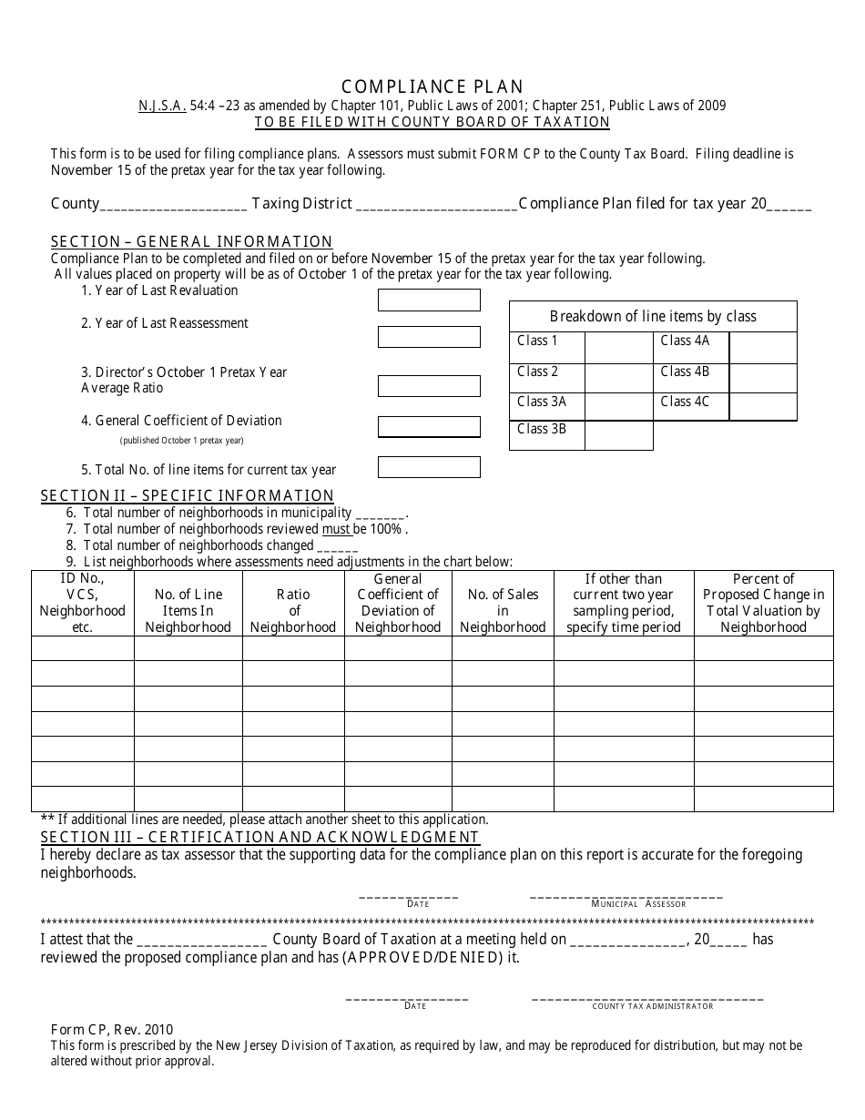 Form CP Compliance Plan - New Jersey, Page 1