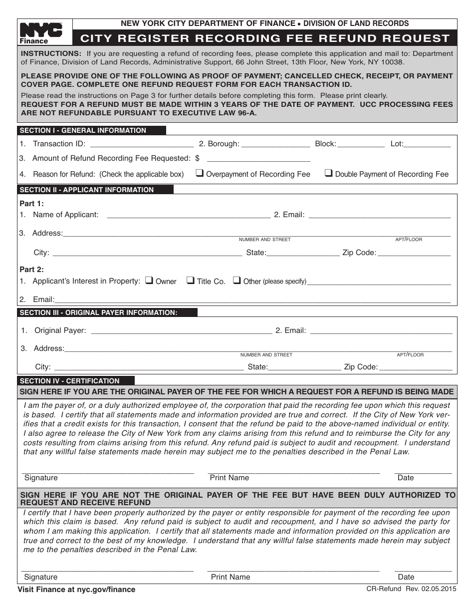 Form CR-REFUND City Register Recording Fee Refund Request - New York City, Page 1