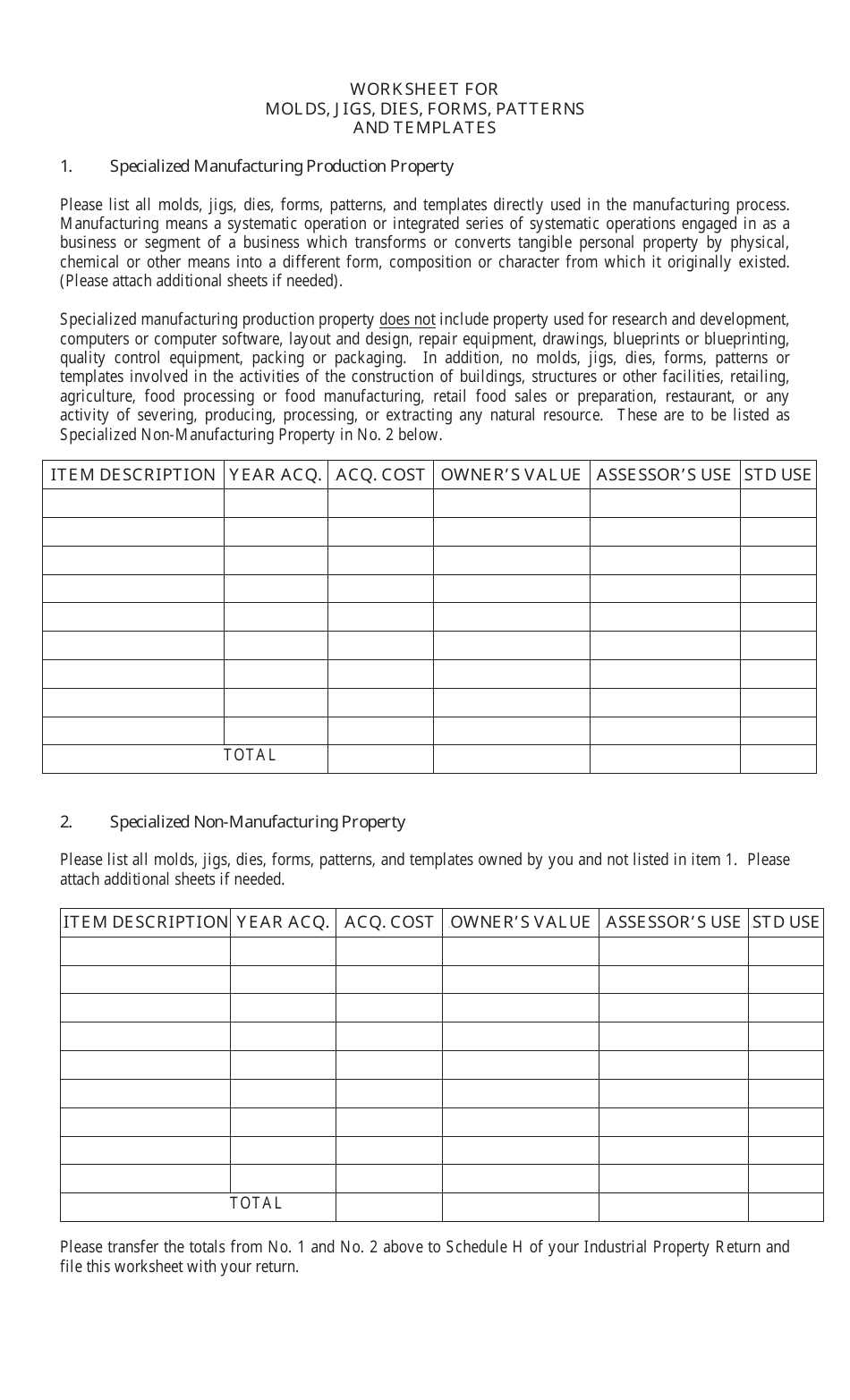 Worksheet for Molds, Jigs, Dies, Forms, Patterns and Templates - West Virginia, Page 1