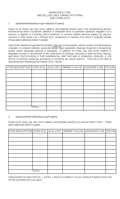 Worksheet for Molds, Jigs, Dies, Forms, Patterns and Templates - West Virginia