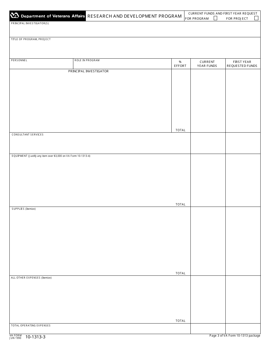 VA Form 10-1313-3 Current Funds  First Year Request - Research and Development Program, Page 1
