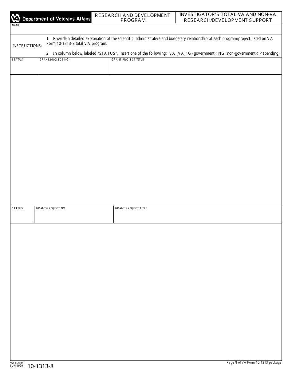 VA Form 10-1313-8 Investigators Total VA and Non-VA Research / Development Support, Page 1