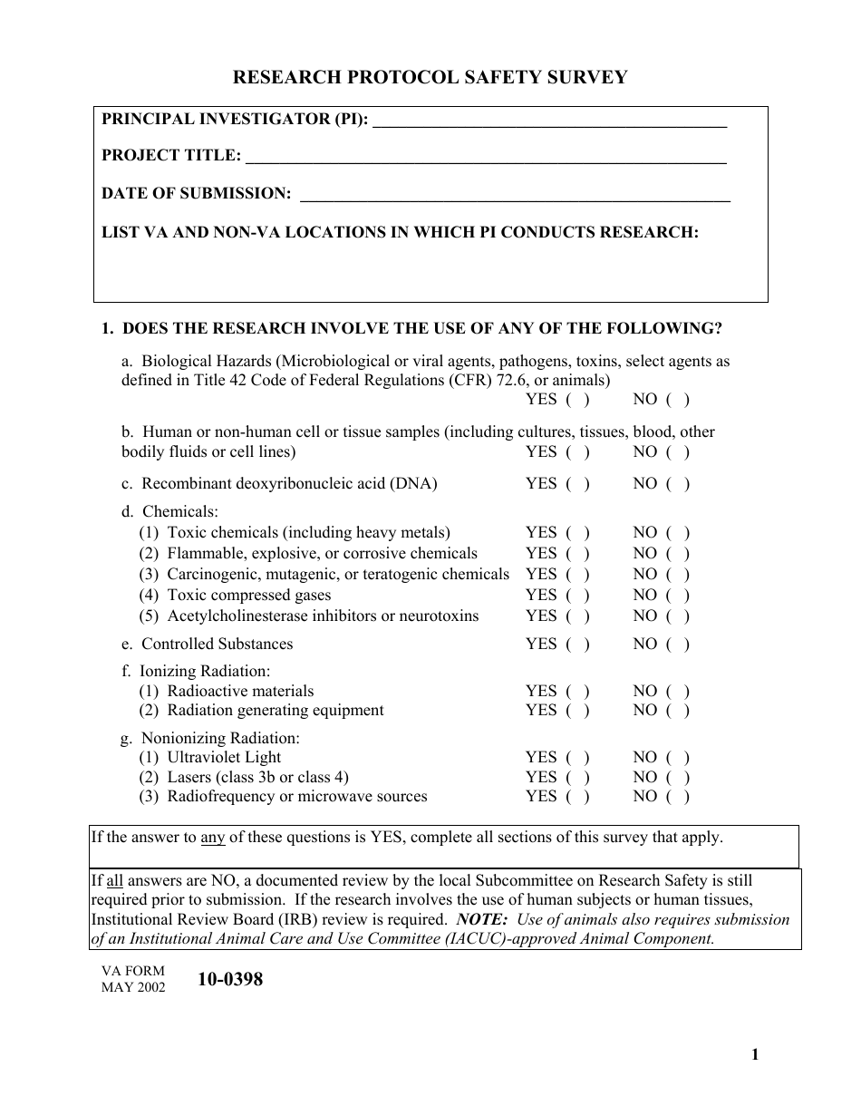 VA Form 10-0398 Research Protocol Safety Survey, Page 1